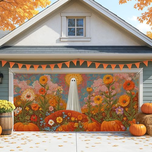 Fanciful Ghost - Cubierta para puerta de cochera, decoración otoñal floral naranja, decoración grande de Halloween al aire libre para temporada de otoño, 157 x 71 pulgadas