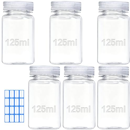 qjuwhua 6 stycken bred halsflaska 125 ml laboratorieflaska tom plastflaska för fyllning liten plastflaska läckagesäker transparent med bred öppning för pillerflaskor vatten provflaskor