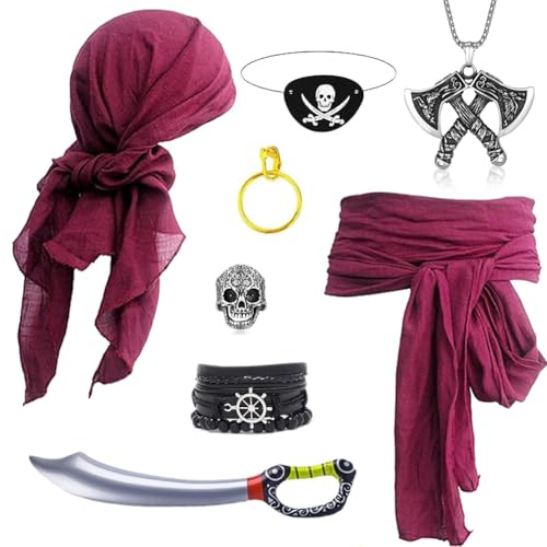 JJZENKD Mittelalter Piratenkostüm Zubehör, Damen Herren Piraten Verkleidung Kopftuch Augenklappe Piratensäbel Ohrringe Halskette Armband Hüfte Tuch für Karneval Cosplay Mottoparty