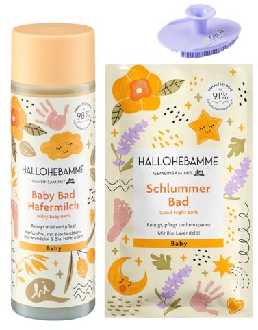 Hallohebamme Lot de 2 – Additif de bain pour bébé au lait d'avoine (200 ml) + additif de bain pour bébé Schlummer Bad (20 ml) + éponge en silicone bonus