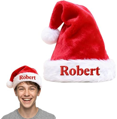 VEELU Personalisierte Weihnachtsmütze mit Namen, Weiche Weihnachtsmützen für Kinder & Erwachsene, Handgestickte Rote Santa Mütze, Personalisierte Weihnachtsmann Mütze für Familie, Baby & Freunde