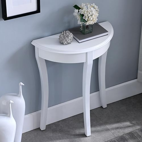 Tavolino Decorativo Moderno semicircolare, tavolino consolle a Mezzaluna in Legno massello, tavolino da Divano Stretto per Ingresso, corridoio, Soggiorno, Piante, Piccoli spazi (Bianco)
