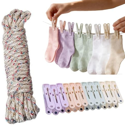 JYYUINX Tragbare Reise Wäscheleine und 12 Bunt Wäscheklammern, Outdoor Wäscheleine Einziehbar, Farben aus Kunststoff mit Stabiler Aussenringfederfür Reise Urlaub Outdoor Camping Wohnheim