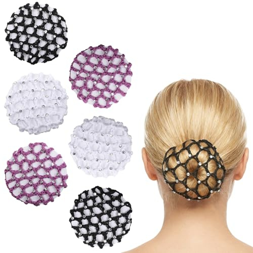 WJIAAA 6 Stück Dutt Netz Haarnetz, Glitzer Strasssteinen Ballett Duttnetz, Haarnetze Frisuren, Elastischem Rand Ballett Accessoires Haarnetze Eiskunstlauf Rhythmische Sportgymnastik, Schwarz Weiß Lila