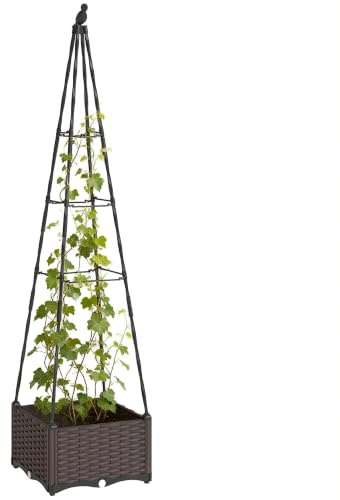 Outsunny Raised Bed for Garden with Trellis Self Watering 40 x 40 x 175 cm | Raised Garden Bed Planter Box, Tomato Cage, Drainage Holes and Plugs, for Climbing Plants Flowers Vegetable Herbs