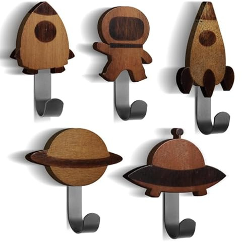 BIROYAL Kindergarderobe, Kleiderhaken für Kinder, Wandhaken aus Walnussholz Garderobenhaken, Kinder Wandaufhänger, Rakete/Astronaut/Raumschiff/Planet (inkl. 5 schwarze Metallhaken)