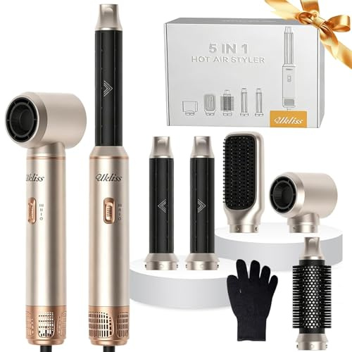 UKLISS 5 i 1 hårstyler – Airstyler Hair Styler Set 1 000 W hårstyler | Rund hårtork borste för torkning och styling med Air Curler, hårtork, hårtork, plattborste – silver guld