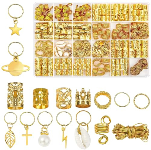 HotoPink 259 Stück Gold Haarschmuck Zöpfe Dreadlocks Loc Schmuck Set | Goldene Haarringe, Clips, Charms, verstellbar, für Zöpfe und Dreadlocks, Damen Herren, 259 Stück, vielseitiges Set