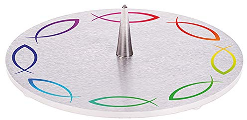 FRITZ COX Kerzenhalter REGENBOGENFISCHKREIS | ♫ Regenbogenfarben | Edelstahlteller mit Spitze | für Geburtstagskerze, Taufkerze, Kommunionkerze | 14cm