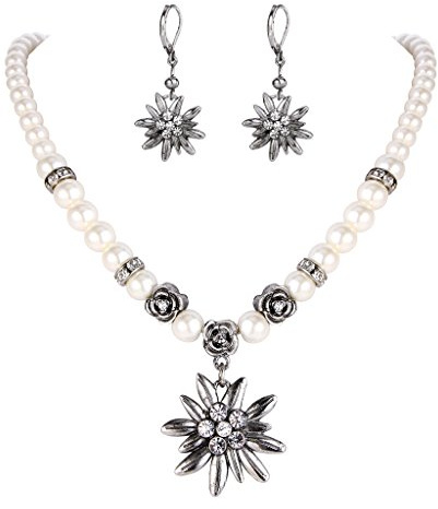 Clearine Damen Oktoberfest Trachtenscmuck Künstliche Perlen Kristall Edelweiss Ohrhänger Dirndlkette Schmuck Set
