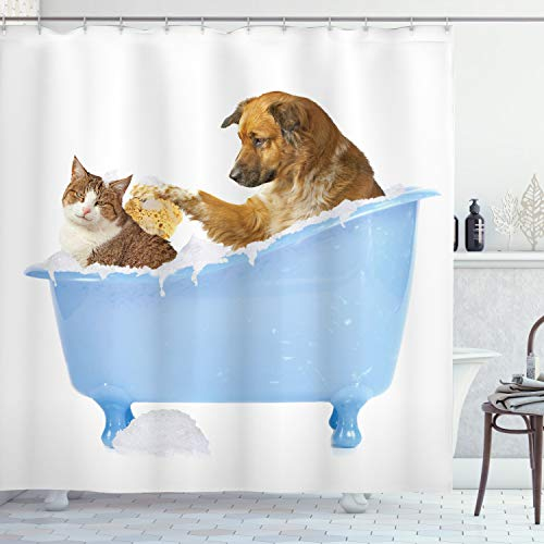 ABAKUHAUS Tiere Duschvorhang, Hund und Katze in der Badewanne, Stoffliches Gewebe Badezimmerdekorationsset mit Haken, 175 x 220 cm, Mehrfarbig