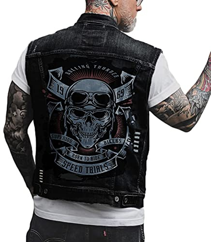 ORANDESIGNE Giacca di Jeans Senza Maniche Slim Fit da Uomo Moda Autunno Gilet di Jeans Classico Collo con Risvolto Nero Stampa Graffiti Punk Jeans Gilet Cappotto Outwear C Nero XL