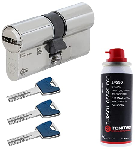 ToniTec Set aus ABUS Schließzylinder EC880 inkl. 3 Schlüssel modular verschiedenschließend Doppelzylinder 50/55|Türzylinder Sicherheitsschloss mit Sicherungskarte und ToniTec Pflegespray