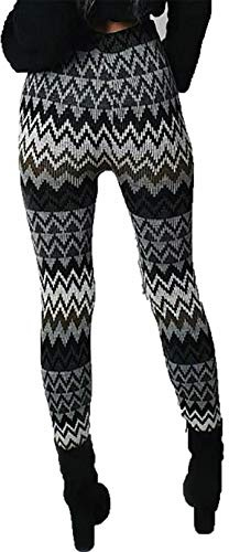 Hina Fashion Kvinnors varma stickade leggings smal passform byxor damer vinterkläder multi tryckta byxor, Grå/svart/vit sicksack, 34 SE