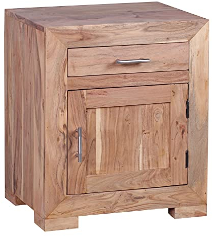 möbelando Nachttisch Mumbai Massivholz Akazie Design Nachtkommode 60 cm mit Schublade und Tür Nachtschrank für Boxspringbett