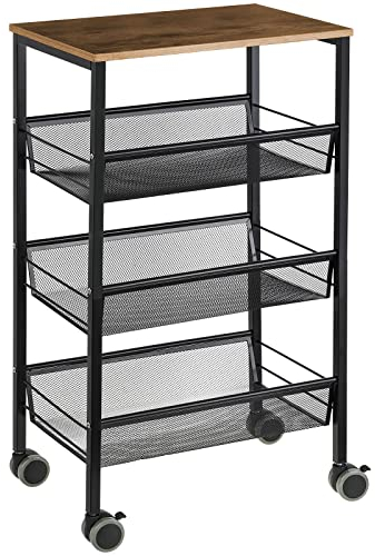 YBING Chariot étagère 4 étages avec Plateau en Bois, Chariot de Cuisine, de Service en métal B'44 x D'29 x H'76,5 cm étagère sur roulettes pour Cuisine, Salle de Bain, Salon