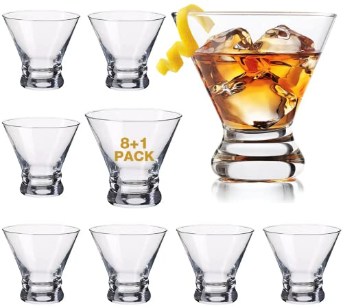 Mfacoy Martini Glasses Set of 9(Buy 8, get 1 Free), Crystal Cocktail Glasses 8 Ounces, Hand Blown Stemless Martini Glasses for Bar, Martini, Cosmopolitan, Manhattan, Gimlet, Pisco Sour Brandy