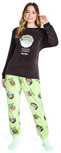 Disney Pigiama Donna Invernale in Pile con Calze Stitch Topolino Minnie Baby Yoda (Verde Mandalorian, S), (8697)
