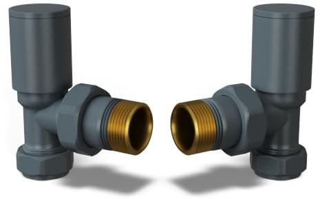 UK Radiators Round Thermostatic Radiator Valve 1/2 x 15mm - Brass TRV | Anthracite Finish - Pair of Valves Included - Solid Brass 1/2 x 15mm Angled - Manual Control