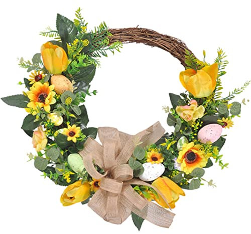 GALPADA Eierkranz Ostern Künstlicher Türkranz Osterdekoration Mit Osterei-dekor Und Künstlichen Sonnenblumen Hängekranz Für Tür Fenster Und Wand Schmücken Für Osterfest