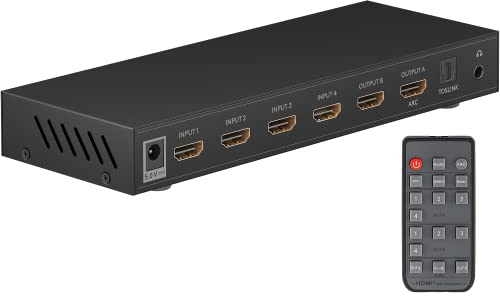 goobay 58478 HDMI Matrix Schalter 4 auf 2 / Matrix Switch Splitter 4k @ 30Hz / Mit Fernbedienung für Blu ray Player, Xbox, PS5 und TV / 4 IN 2 Out Umschalter