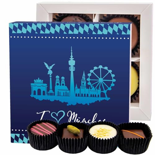 Hallingers Genuss Manufaktur Pralinen Geschenk - ohne Alkohol, handmade aus Confiserie-Edelkakao in wertiger Geschenkbox I love München, Geschenkidee für Frauen Männer