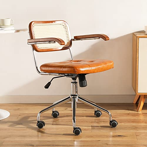Home Bürostuhl, Pu-leder Gepolsterter Schreibtischstuhl, Verstellbarer Drehbarer Computerstuhl mit Rattan-mittelrückenstütze, Ergonomischer Retro Arbeitsstuhl (45x46x54cm(18x18x21inch), Yellow)