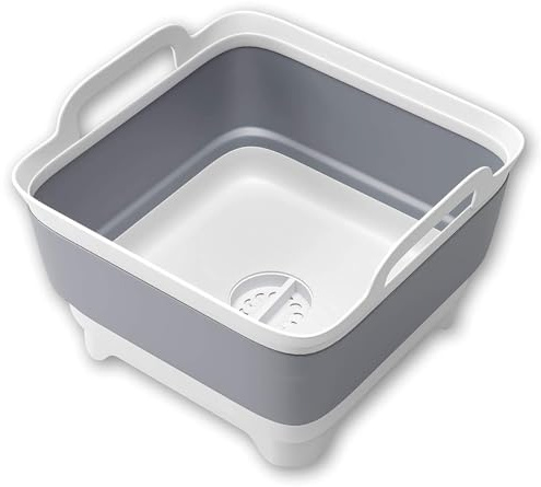 THANSTAR Collapsible Wash Basin, 9L/2.4Gal Foldable Sink with Drain Plug, 2-in-1 Dish Drying Rack & Storage Bucket, Portable Washing Bin for Kitchen/Camping/RV, BPA Free PP, Space-Saving Design, Gray