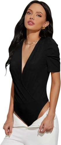 KOEMCY Body Damen Kurzarm Vausschnitt Bodysuit Wickeloptik Elegant Oberteil Bodys für Frauen Kurzarmbody Shapewear Blusenbody Tanga Unterziehbody Formgebend Alltagskleidung