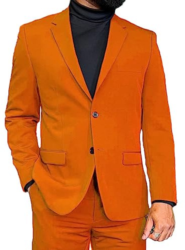 Completi da uomo in 2 pezzi, con risvolto a punta, smoking formale da matrimonio per uomo, set blazer e pantaloni per cena serale, Arancione, 66
