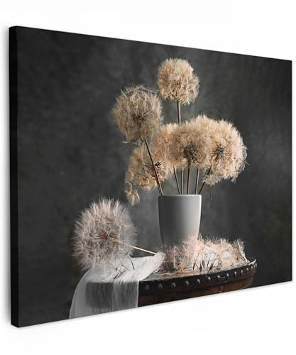 MuchoWow© Leinwand Deko Schlafzimmer Aesthetic Leinwandbilder Wohnzimmer | 80x60 cm - Gemälde Foto Geschenk Living Room Decoration Blumensamen - Löwenzahn - Vase - Stilleben - Blumenstrauß