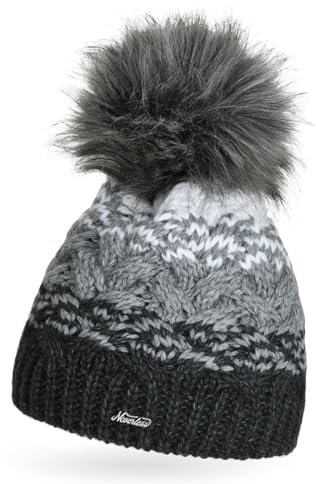 Neverless® Damen Strick-Mütze mit Fleecefutter Fell-Bommel Kunstfell Wintermütze Bommelmütze Grobstrick Mehrfarbig dunkelgrau-hellgrau-weiß Unisize
