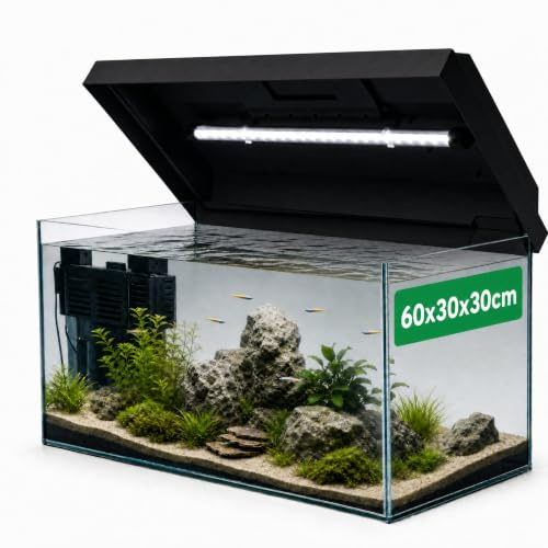 VIALIA Aquarium rechteckig mit Juwel LED Abdeckung schwarz 60x30x30 cm, 54 Liter, Glasbecken für Fische und Wasserpflanzen, Aquarium Becken stoßfest