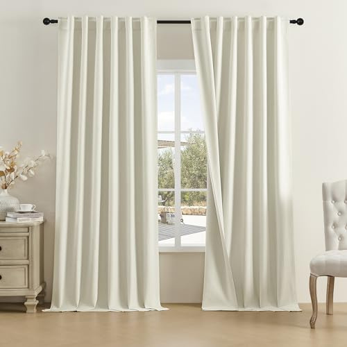 DUALIFE Beige Linen Curtains 96 Inches Long for Living Room Neutral Curtain 2 Panels Back Tab Loop Pocket Save Energy Privacy Curtains for Bedroom Dining Cottage Urban Decor 8 FT Tall 50 x96