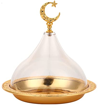 PRETYZOOM Eid Mubarak Cake Stand, Ramadan Serving Tray Eid Mubarak Metal Food Trays with Dome Lid Moon Star Candy Dish Snack Platter Cookie Cheese Plate for Islamic Party