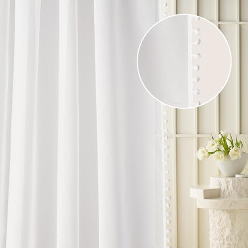 ROOM99 Cortina con Cinta fruncidora Malia Spirit 140 x 260 cm Ancho x Altura salón Cortina Transparente Moderna Cortina Sala de Estar Dormitorio para Sistema de Tejas Pompones Blanco