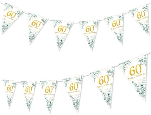 60. Geburtstag Deko Grün Gold - Wimpelkette Girlande für Frauen und Männer - Happy Birthday Dekoration in Grün, Gold, Weiß