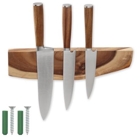 CHI SHANG 12.5 Inch Magnetic Knife Holder for Wall,Acacia Wood Knife Magnetic Strip,Knife Holder Wood Magnetic,No Drilling Knife Magnetic Strip-Strong Knife Magnet- for Kitchen Knives and Tools