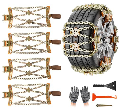 Oziral Catene da neve 4 Pezzi Catene auto neve Catene regolabili Catene da neve resistenti con pala da neve in plastica e guanti Catene da neve durevoli per auto camion SUV larghezza 165-265 mm