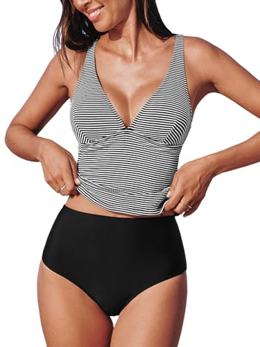 CUPSHE Damen Tankini Set V Ausschnitt High Waist Tankini Doppelt verstellbare Träger Crossback Bademode Zweiteiliger Badeanzug Swimsuit Schwarze Streifen M