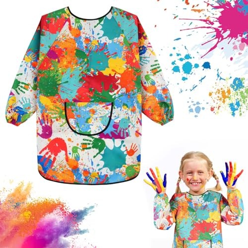 Ainiv Bata Pintura Niños, Grafitis Delantal Infantil, Ajustable Impermeable Apron Escolar Mangas Largas con Bolsillos, Mandilon School de 6 A 12 Años para Manualidades, Comer, Cocinar y Dibujar