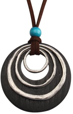 COOLLA Womens Multilayer Pendant Necklaces Vintage Jewelry Fashion Long Sweater Necklace for Woman (Wooden circle-Black silver)