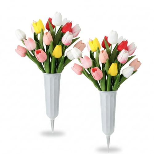 Thiccywoov 2 Sets Easter Artificial Cemetery Flowers for Grave with Vase Artificial Tulips Bouquet Graveyard Memorial Flowers for Cemetery Headstones Decoration