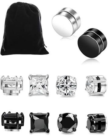 KGDUYC 6 Paare Edelstahl Magnet Ohrringe für Herren Damen Mädchen Magnet Ohrstecker Clips Tunnel Ohne Ohrloch Ohrclips Non Piercing Ohrringe Set Schwarz Silberton