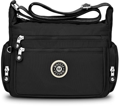 JUYANO Umhängetasche Damen Groß Wasserdicht Crossbody Bag, Nylon Mittelgroß Handtaschen Damen Leichte Tasche mit Vielen Fächern Verstellbarer Breiter Gurt für Ausgehen Reisen Arbeit(Schwarz)