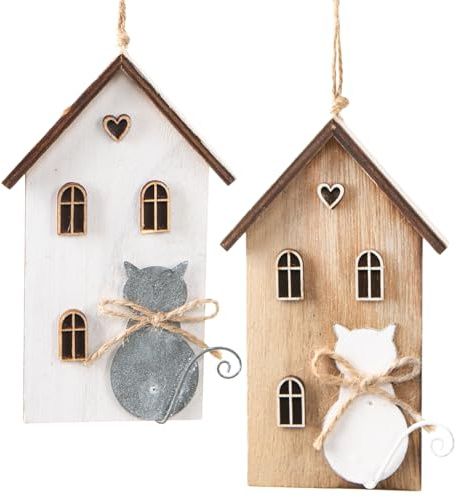 Holzanhänger Häuser mit Katzen, 2 Stück: Haus-Anhänger aus Holz & Metall, Geschenkanhänger Katze, Fensterdeko, Dekohäuser Frühling zum Aufhängen, Geschenke Klein, Holzdeko, Hängedeko Natur, 8 x 14 cm