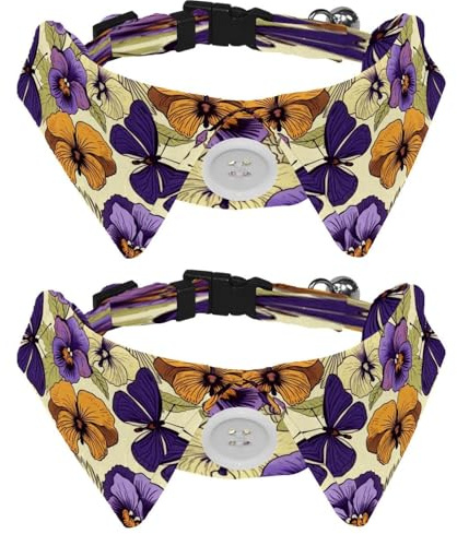 Hundehalsband, mit Fliege und Glöckchen, 2 Stück, Stiefmütterchen, Schmetterling, Katzen, Halsband mit Hemdkragen, verstellbare Haustierhalsbänder für kleine Hunde, Katzen, Kätzchen