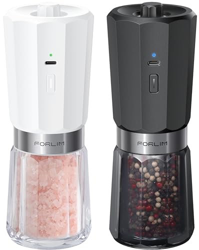 FORLIM Set de Molinillo Pimienta Eléctrico Recargable, Control de Doble Velocidad, Activación por Gravedad con Una Mano, Molinillo Pimienta con Molido Ajustable, Luz LED (Pack de 2, Negro y Blanco)