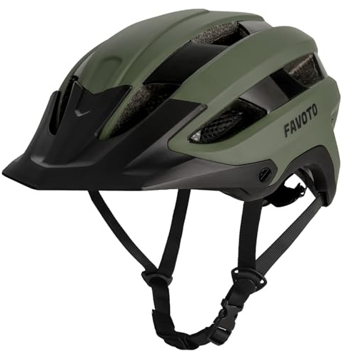 Favoto Mountain Bike Helmet, Lightweight MTB Road Bicycle Helmet for Men and Women, Matte Green, Triple-Shell Design, CE Certified, Removable Peak