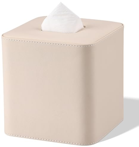 GORESE Contenitore per fazzoletti, in pelle PU, quadrato, dispenser per fazzoletti facciali, regalo per casa, ufficio, bagno, decorazione auto (beige)